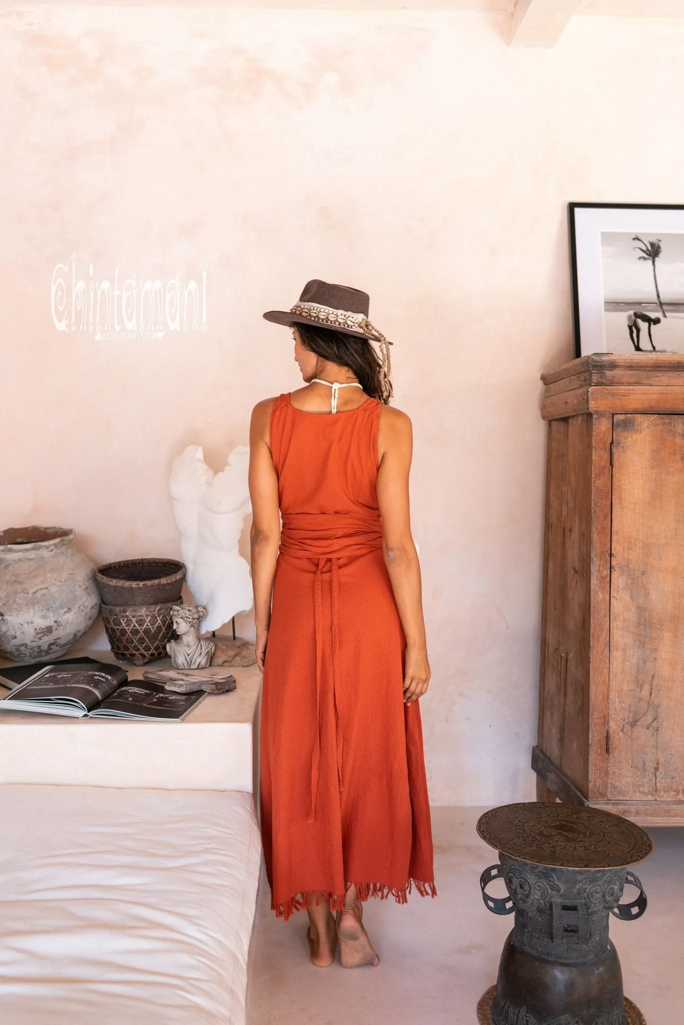 Raw Cotton Sleeveless Wrap Dress / Red Ochre