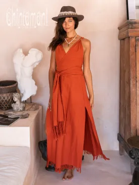 Raw Cotton Sleeveless Wrap Dress / Red Ochre