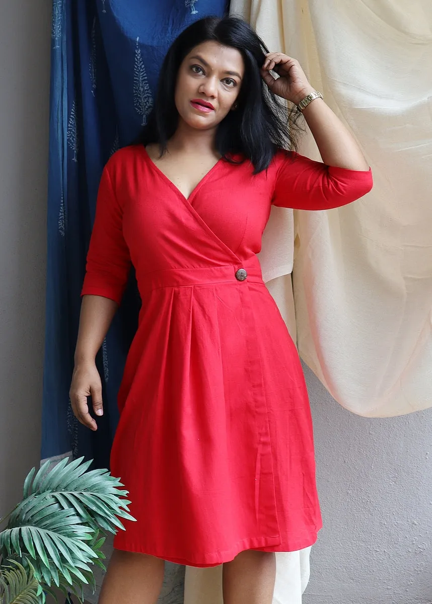 Red Handloom Cotton Wrap Dress