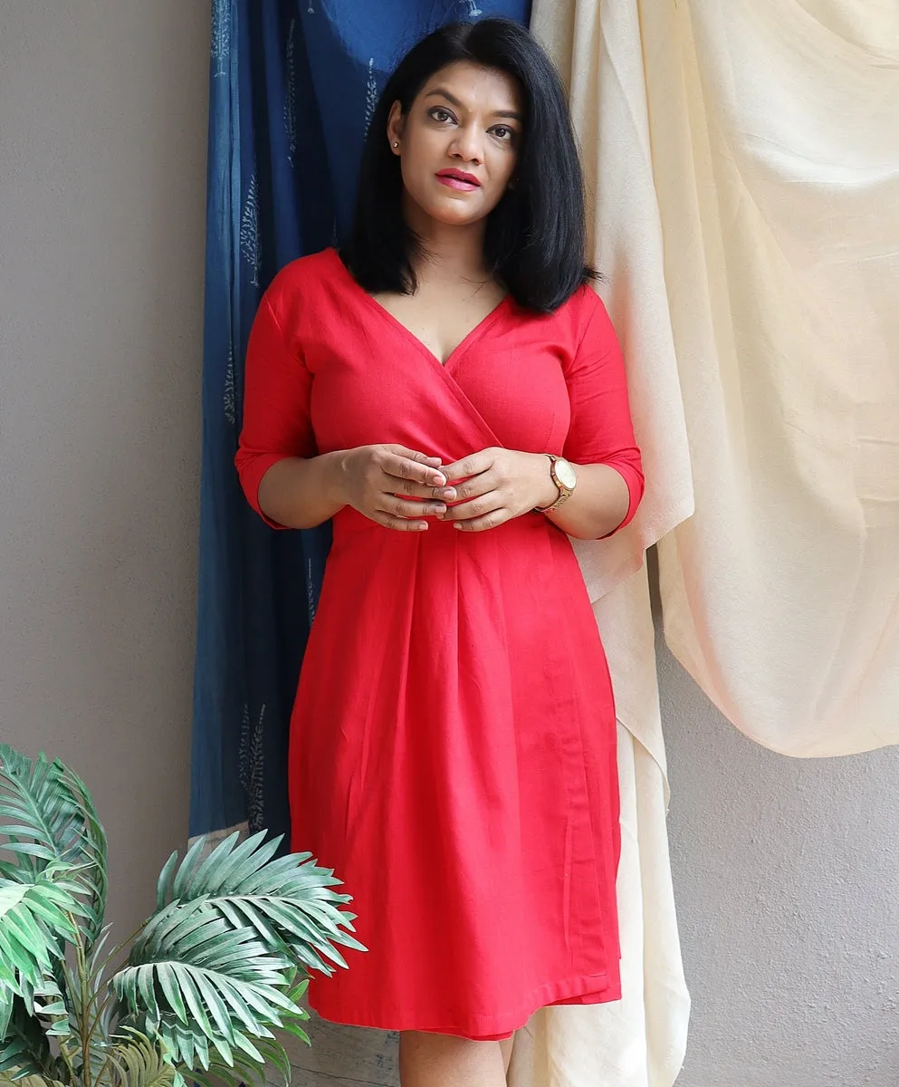 Red Handloom Cotton Wrap Dress