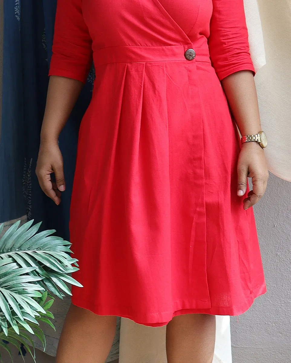 Red Handloom Cotton Wrap Dress