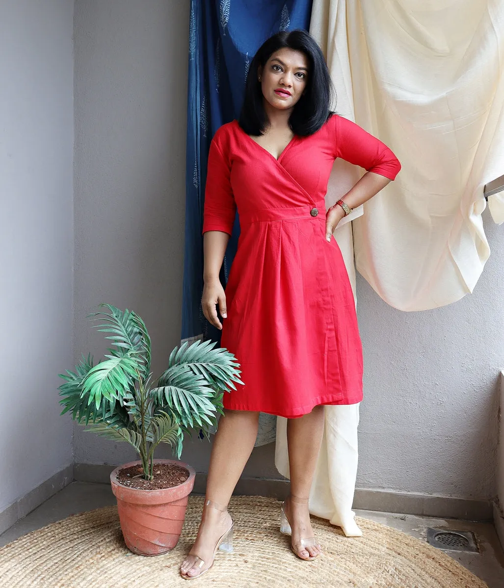 Red Handloom Cotton Wrap Dress