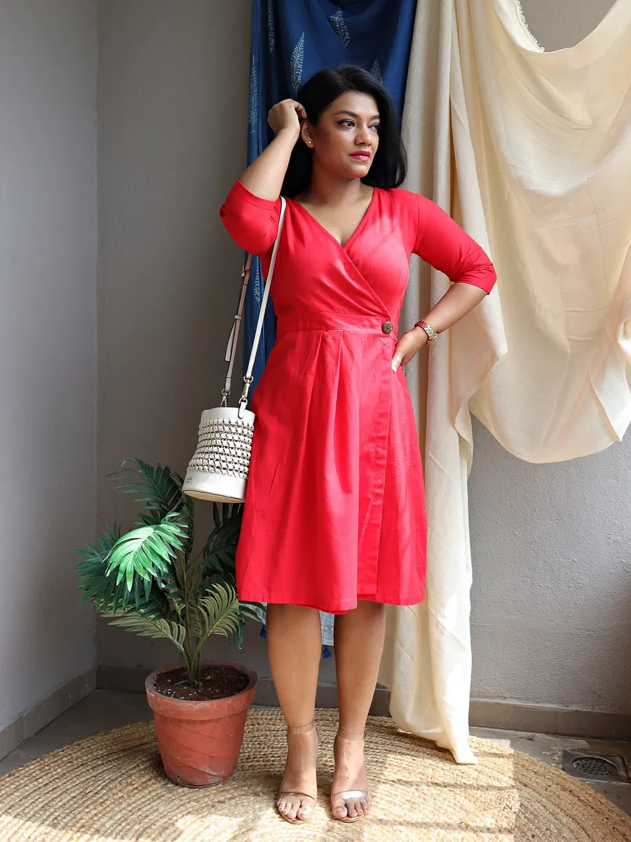 Red Handloom Cotton Wrap Dress