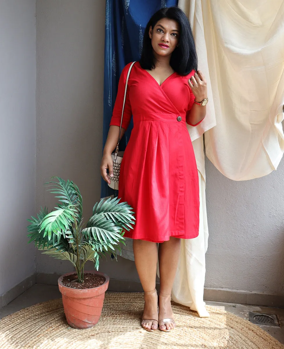 Red Handloom Cotton Wrap Dress