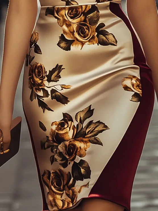 Retro Lapel Floral Print Satin Pencil Dress