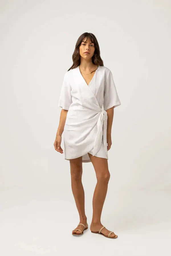 RHYTHM SANTORINI TIE FRONT MINI DRESS - WHITE