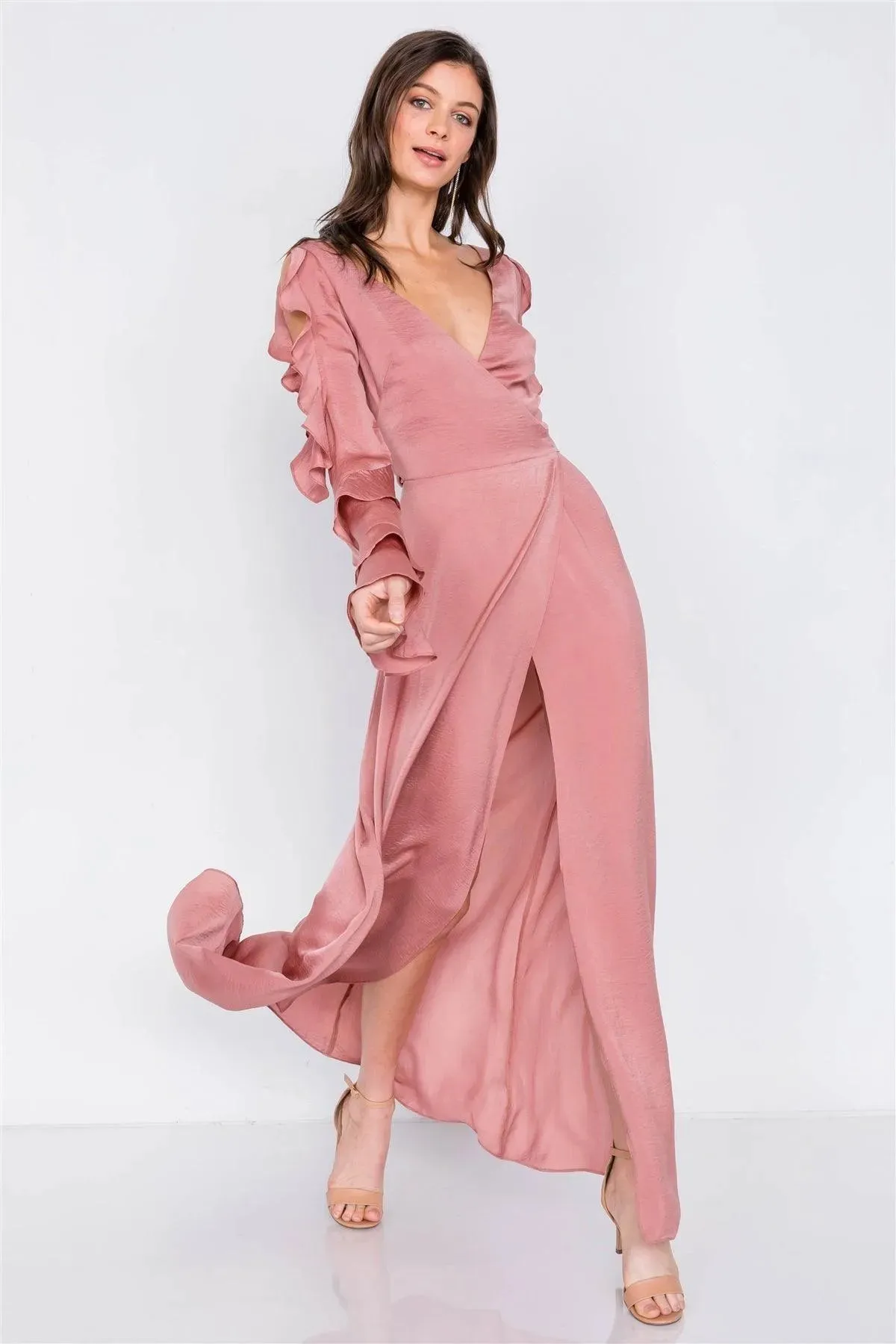 Satin Dusty Rose Cold Shoulder Frill Trim Wrap Maxi Dress /3-2-1