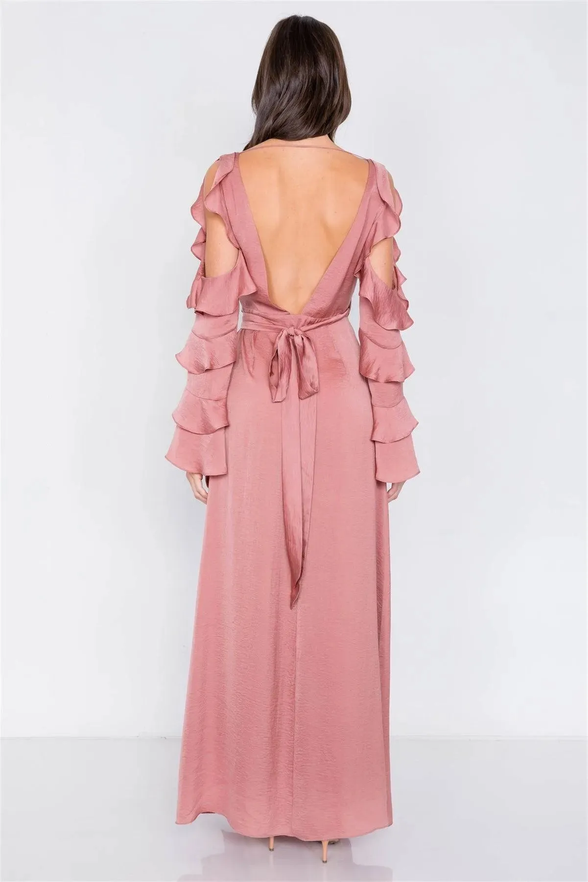 Satin Dusty Rose Cold Shoulder Frill Trim Wrap Maxi Dress /3-2-1