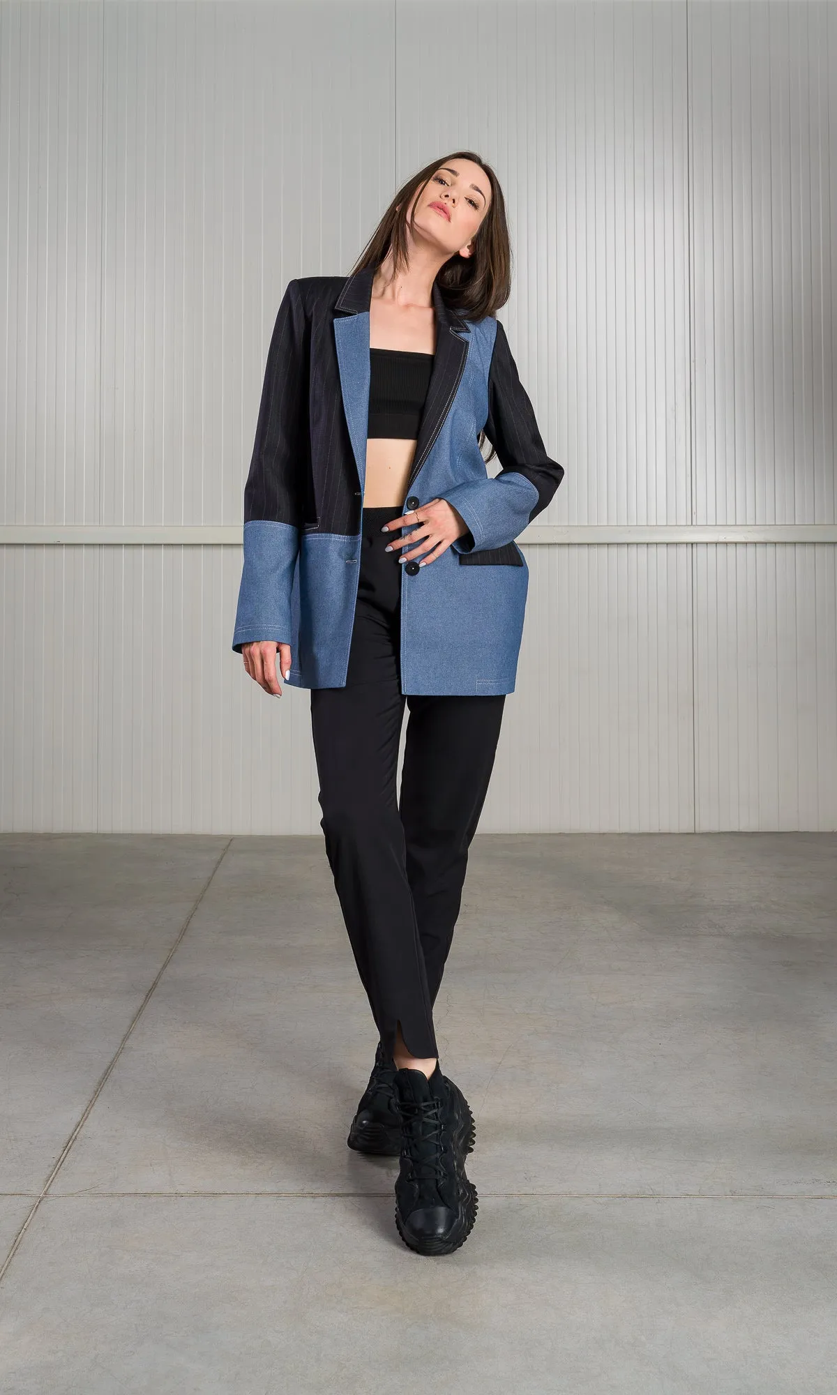 Single-breasted Blazer with Contrasting Fabric