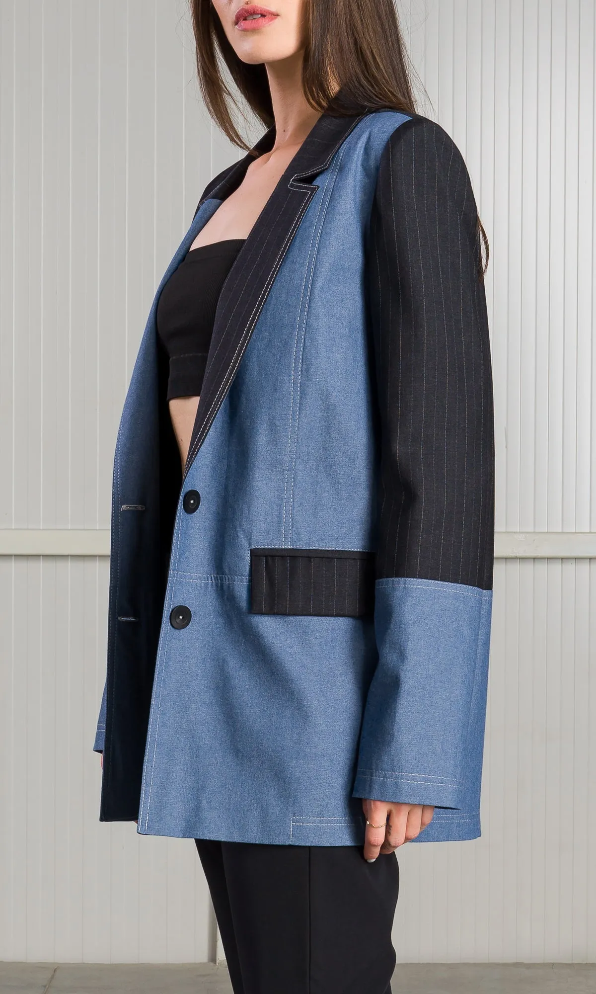 Single-breasted Blazer with Contrasting Fabric