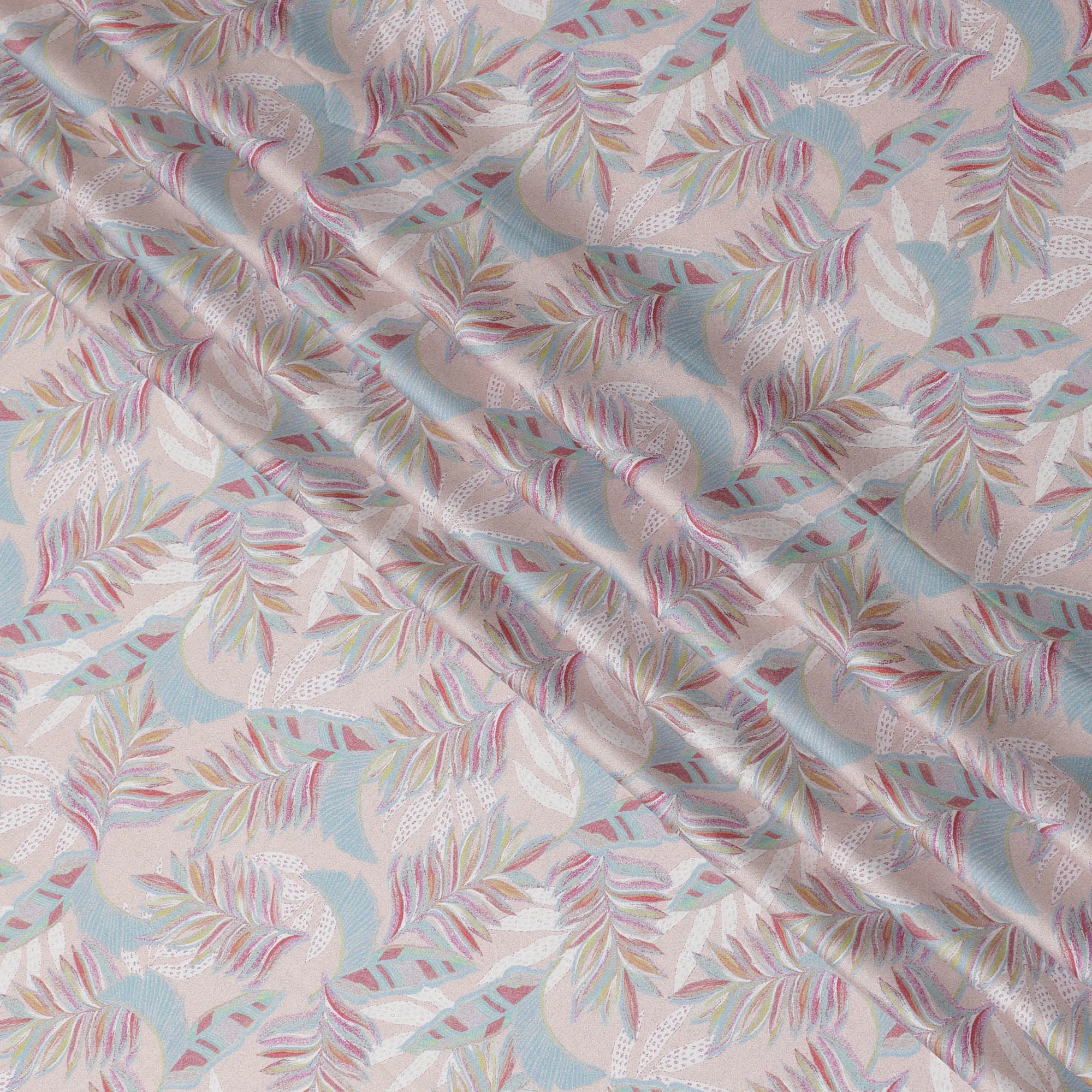 Soft Beige with Multicolor Feather Print Cotton Satin Fabric, 110 cm Width-20067