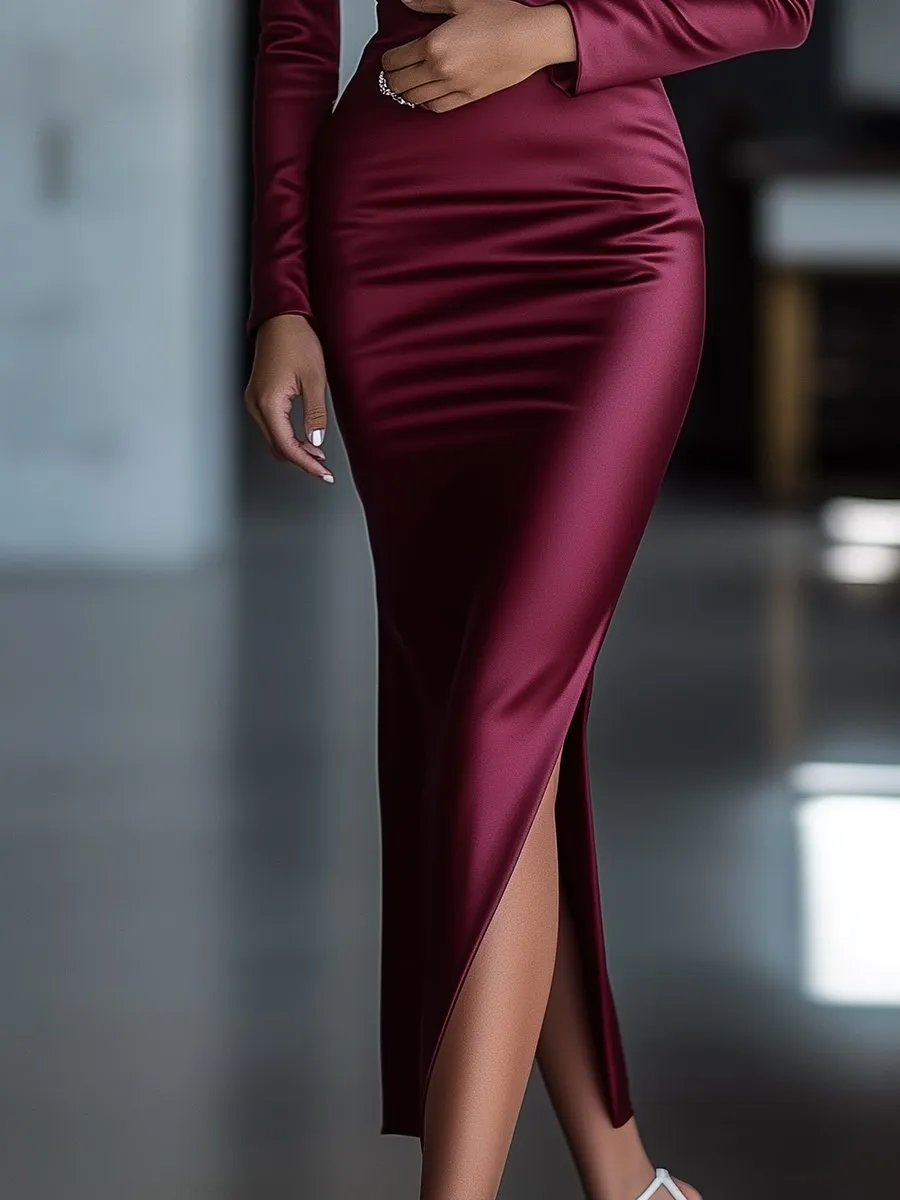 Sophisticated Burgundy Satin Wrap Dress with Side Slit