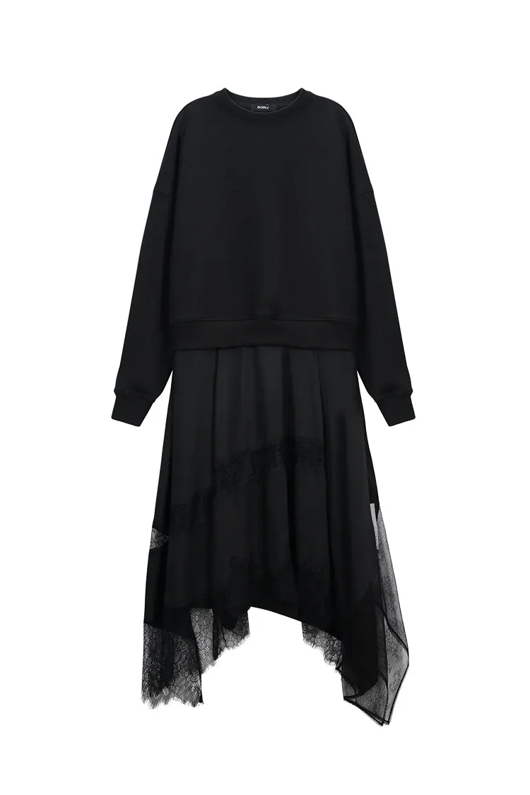 Sweatshirt and charmeuse skirt layering dress