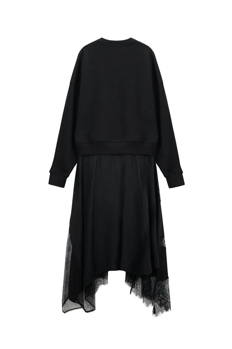 Sweatshirt and charmeuse skirt layering dress