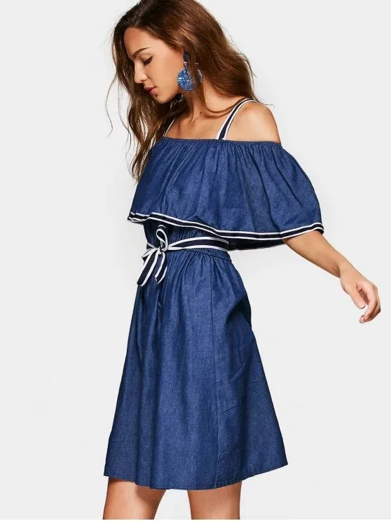 TastyHottie - Pretty Overlap Belted Cold Shoulder Casual Dress