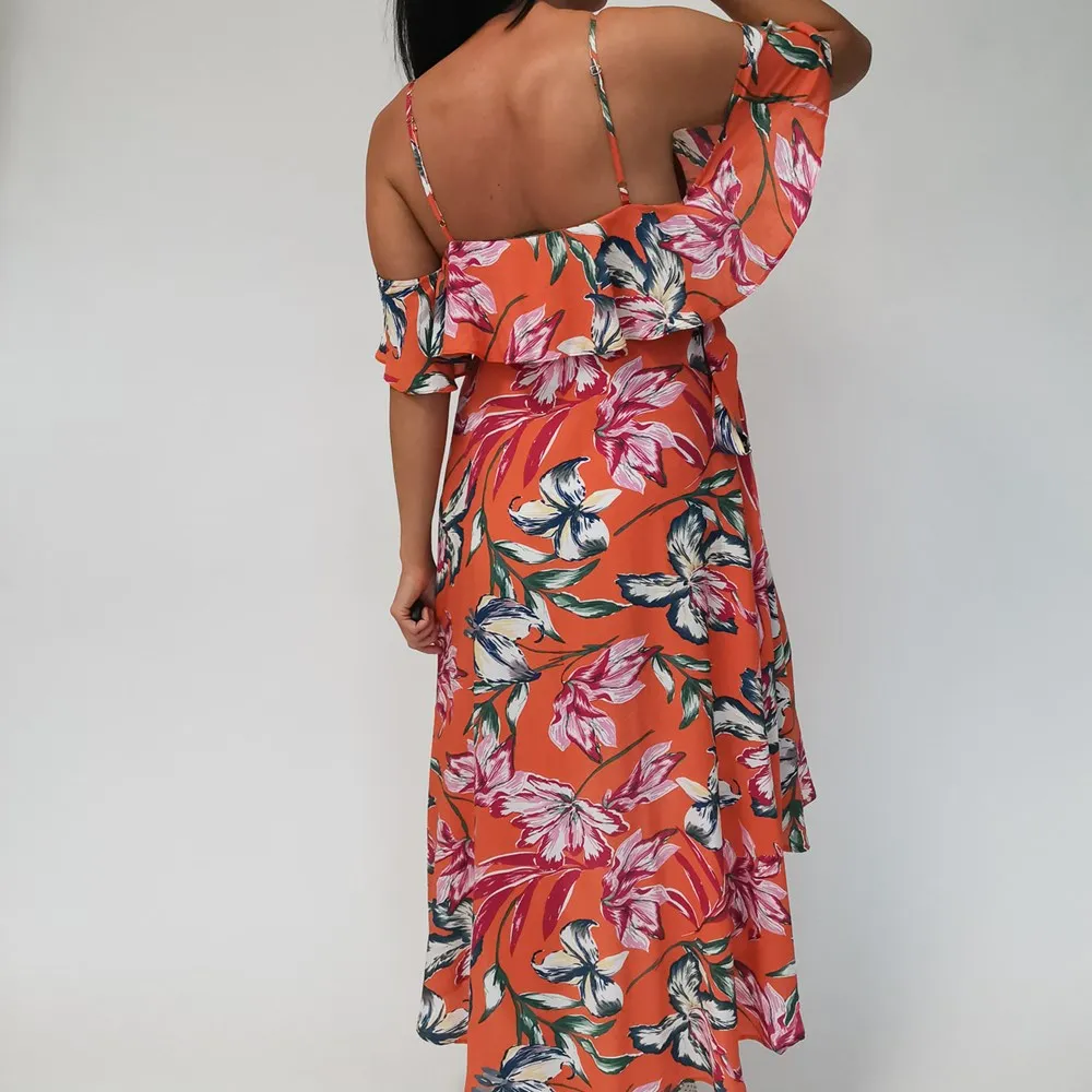 Tequila Sunrise Cold Shoulder Wrap Dress Orange