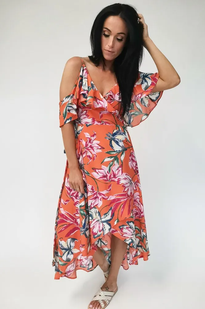 Tequila Sunrise Cold Shoulder Wrap Dress Orange