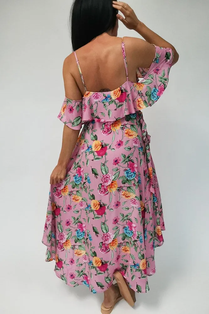 Tequila Sunrise Cold Shoulder Wrap Dress Pink