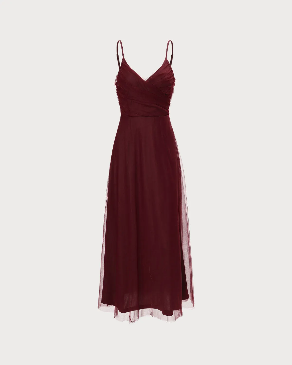 The Wine Red V Neck Mesh Wrap Maxi Dress