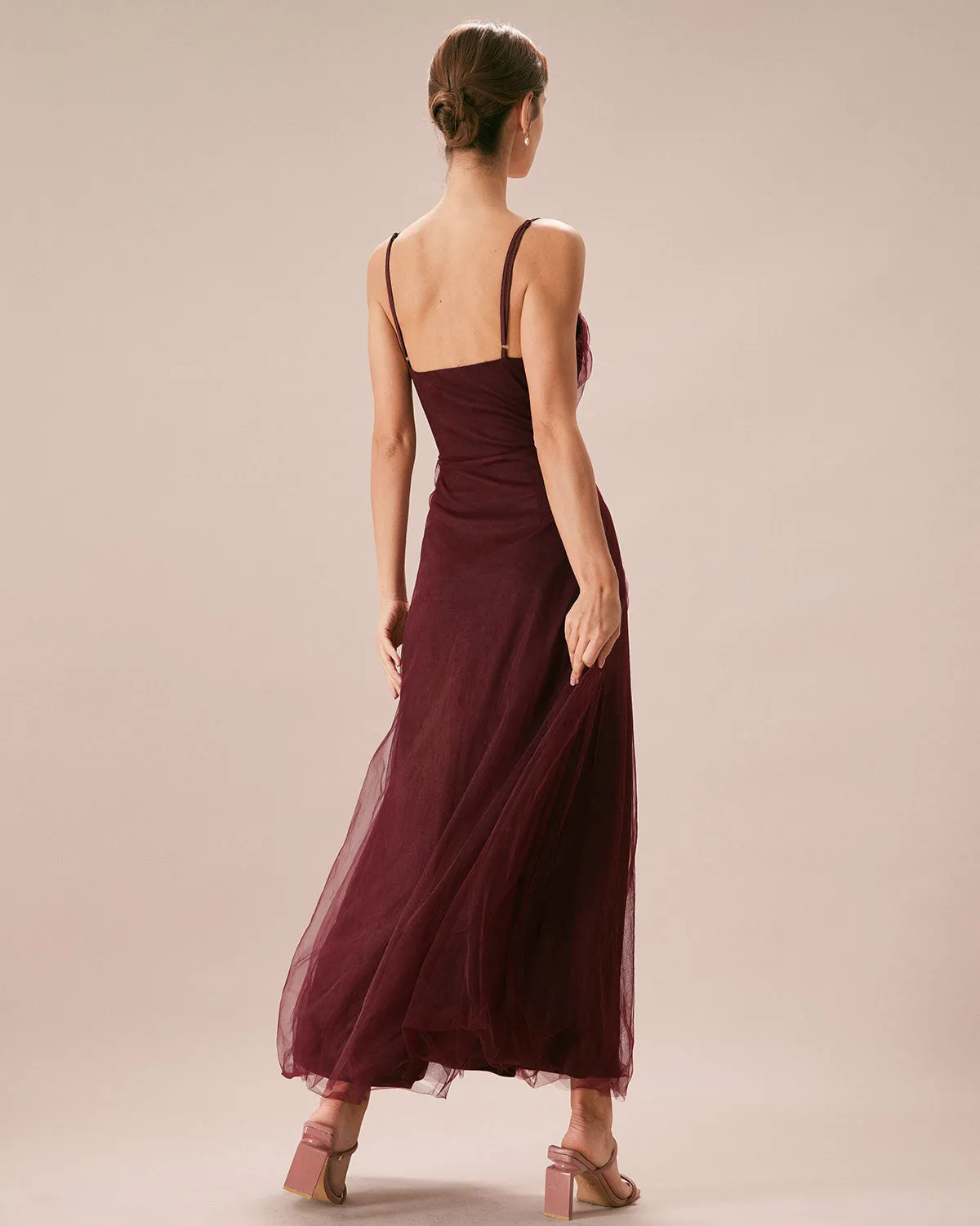 The Wine Red V Neck Mesh Wrap Maxi Dress