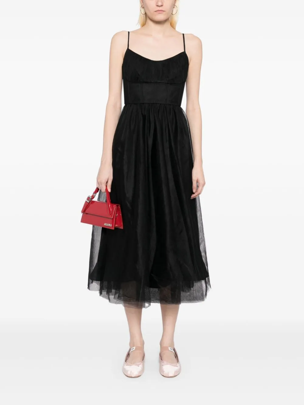 Tulle Corset Midi Dress in Black