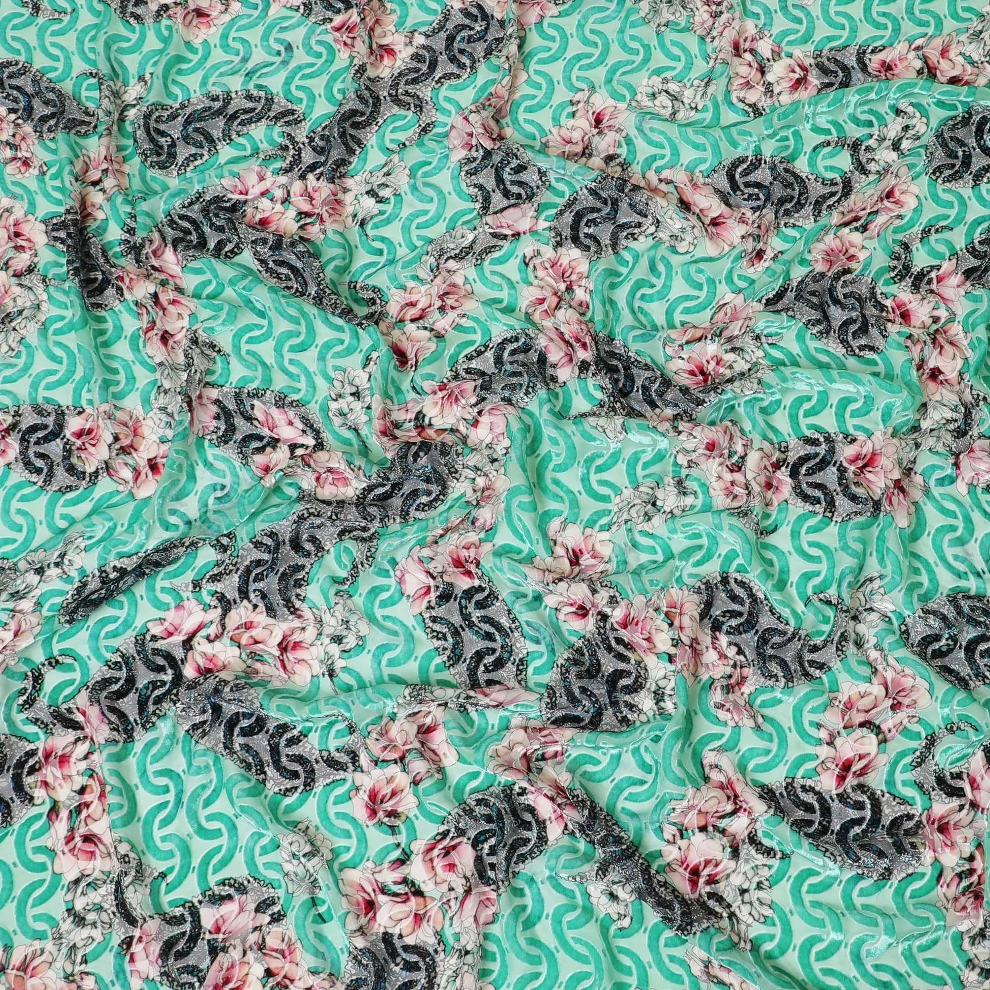 Turquoise green Premium Italian Silk chiffon dirac (makmal) fabric with multicolor print having velvet jacquard in floral design-D8696