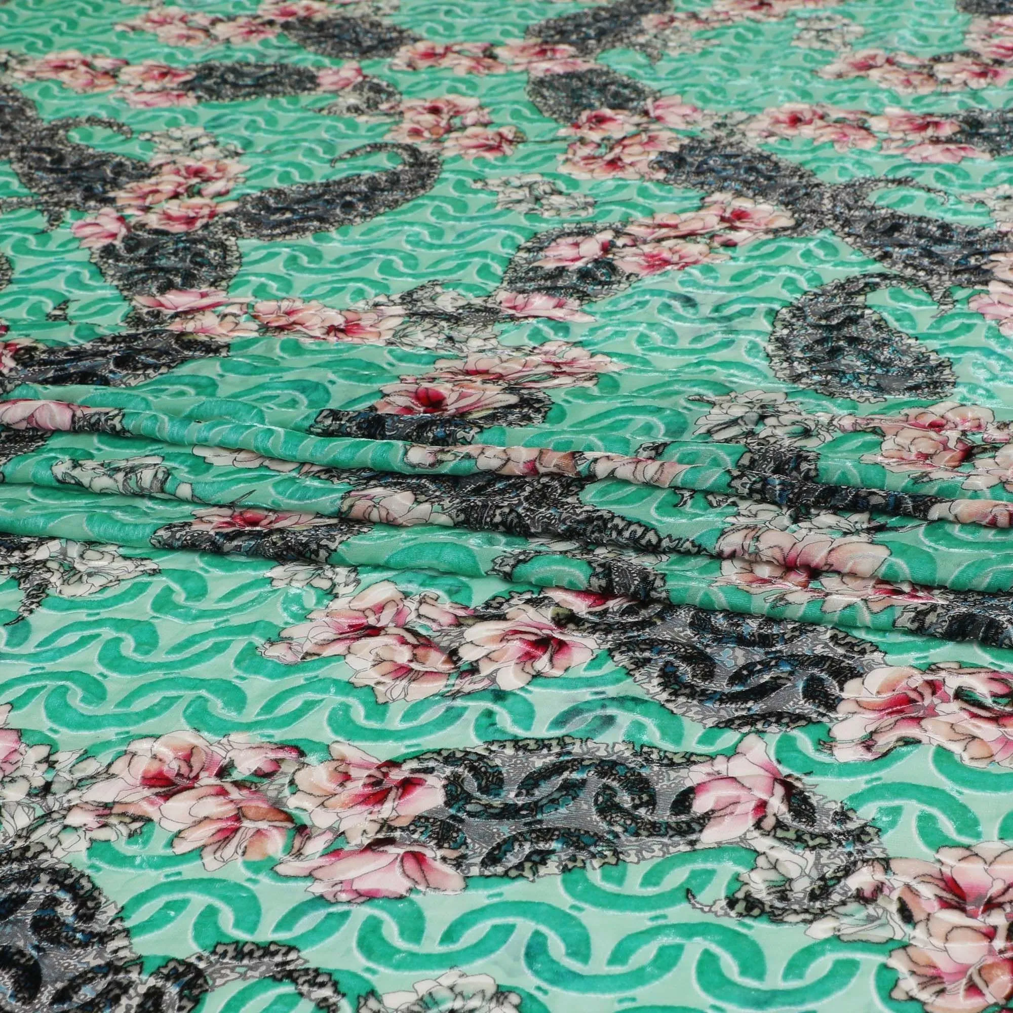 Turquoise green Premium Italian Silk chiffon dirac (makmal) fabric with multicolor print having velvet jacquard in floral design-D8696