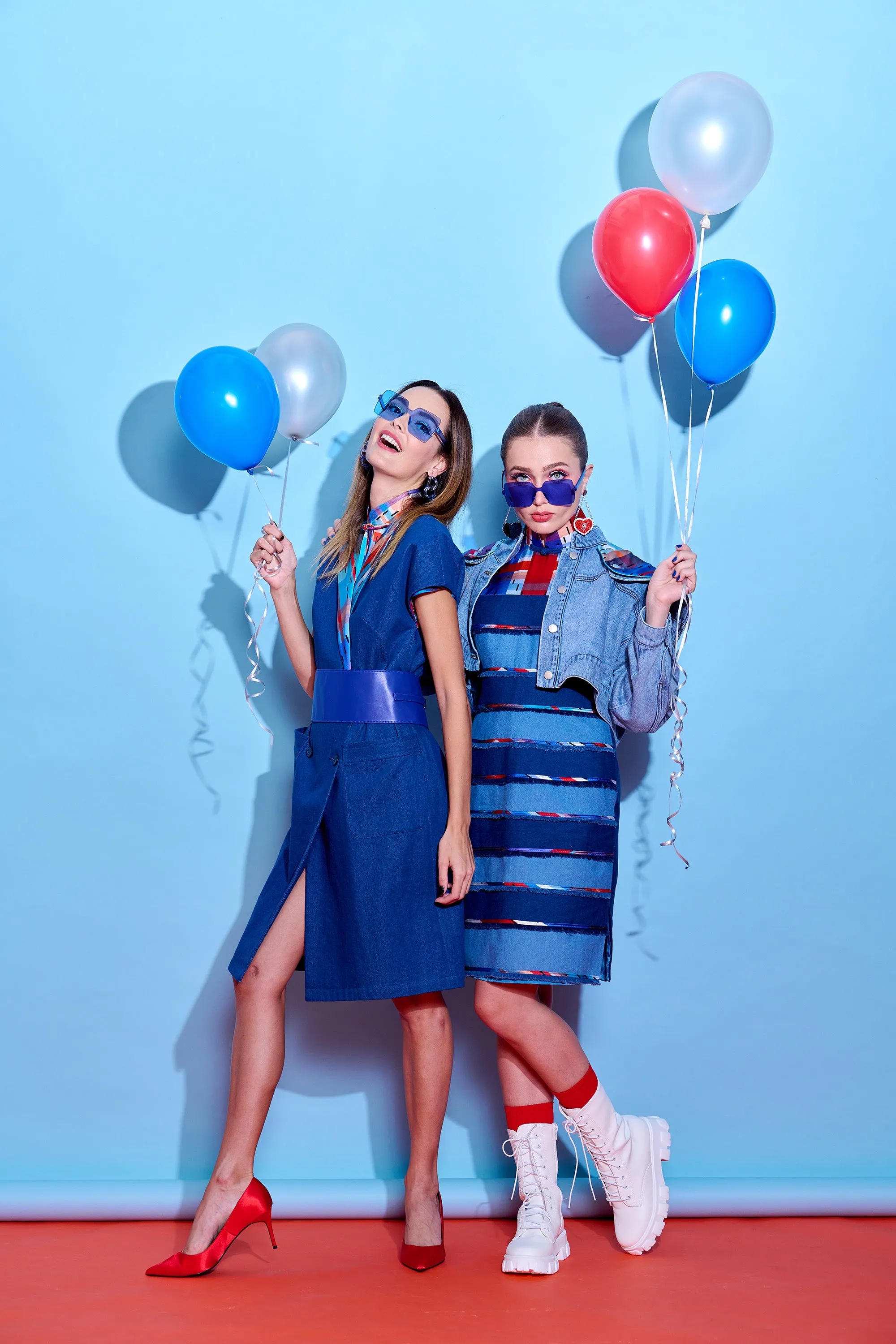 【TWOWAY】Red-White-Blue Satin Eco-Denim Wrap Dress (紅白藍)