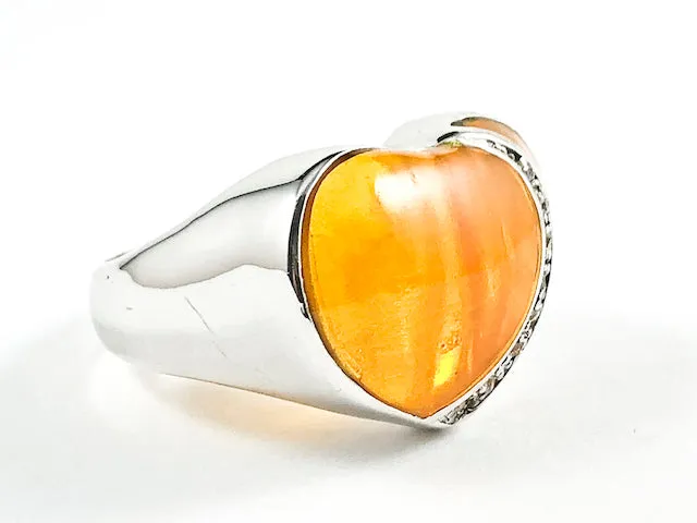 Unique Heart Shape Form With CZ Overlay Transparent Orange Crystal Style Silver Ring