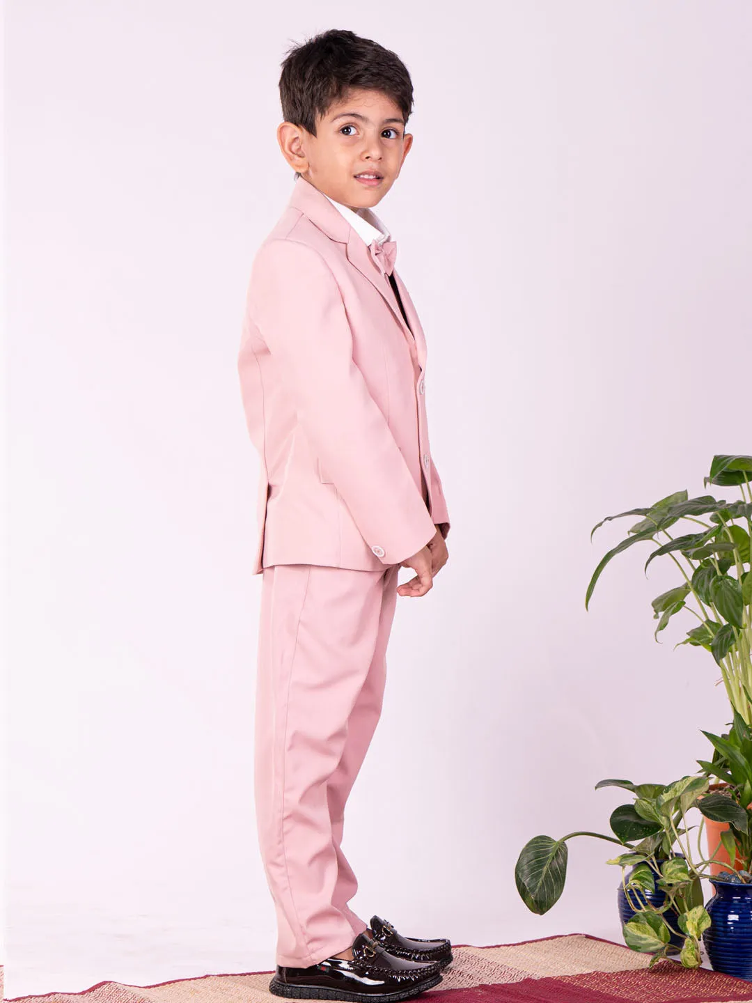 VASTRAMAY Boys' White And Pink Shirt Blazer Waist Coat And Pant