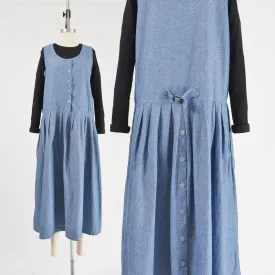 Vintage 80s Blue Chambray Cotton Pinafore Drop Waist Maxi Dress with Pockets size M