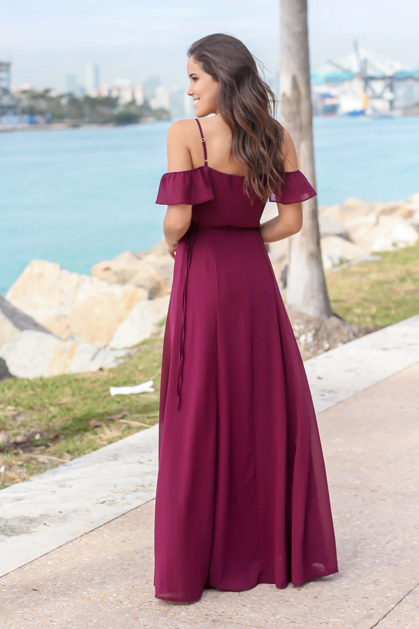 Wine Wrap Dress with Ruffle Top