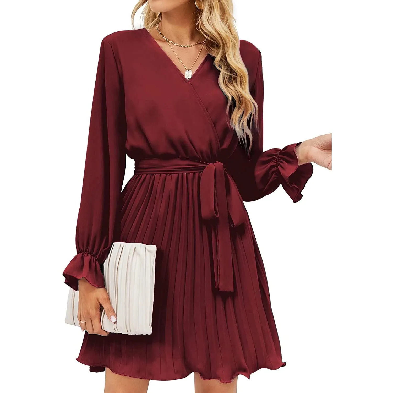 Womens Wrap V Neck Pleated Long Sleeve Mini Dresses