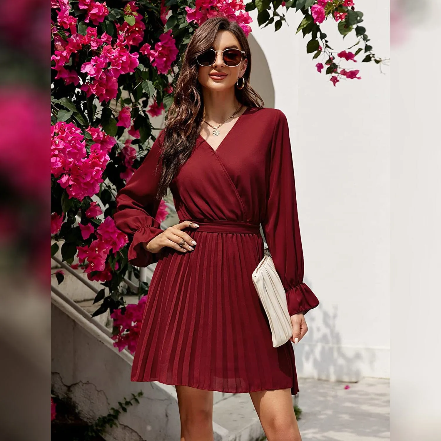 Womens Wrap V Neck Pleated Long Sleeve Mini Dresses