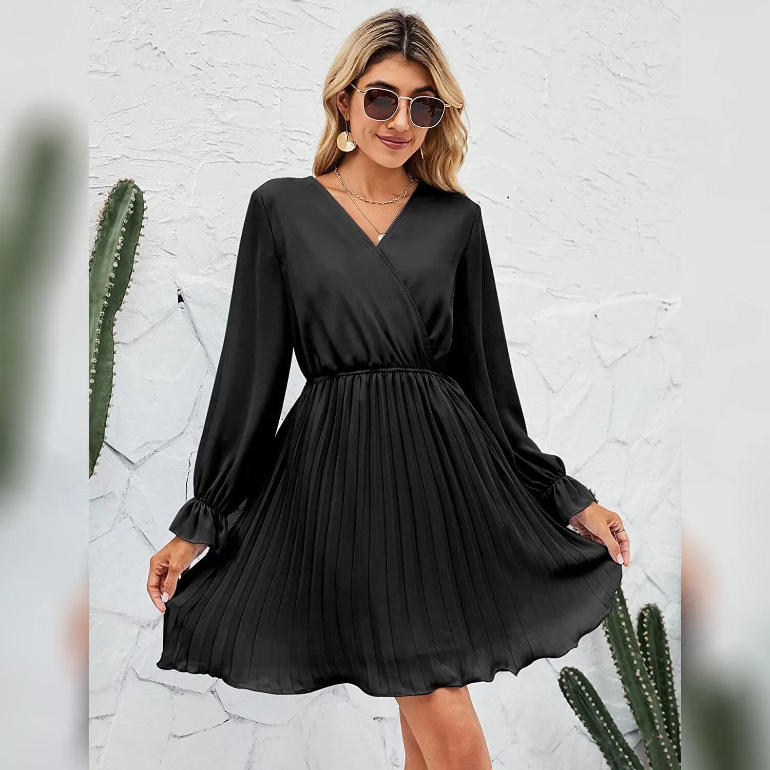 Womens Wrap V Neck Pleated Long Sleeve Mini Dresses