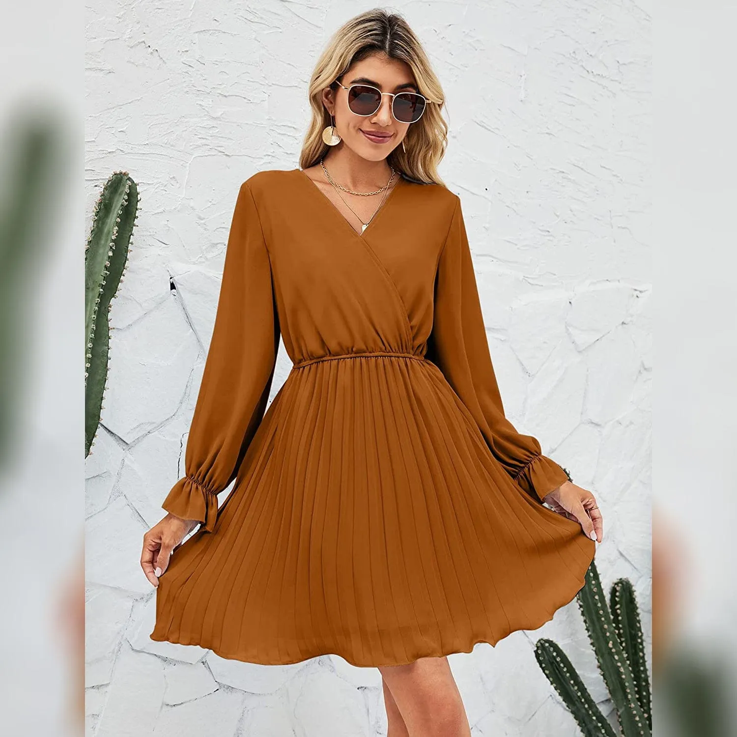 Womens Wrap V Neck Pleated Long Sleeve Mini Dresses