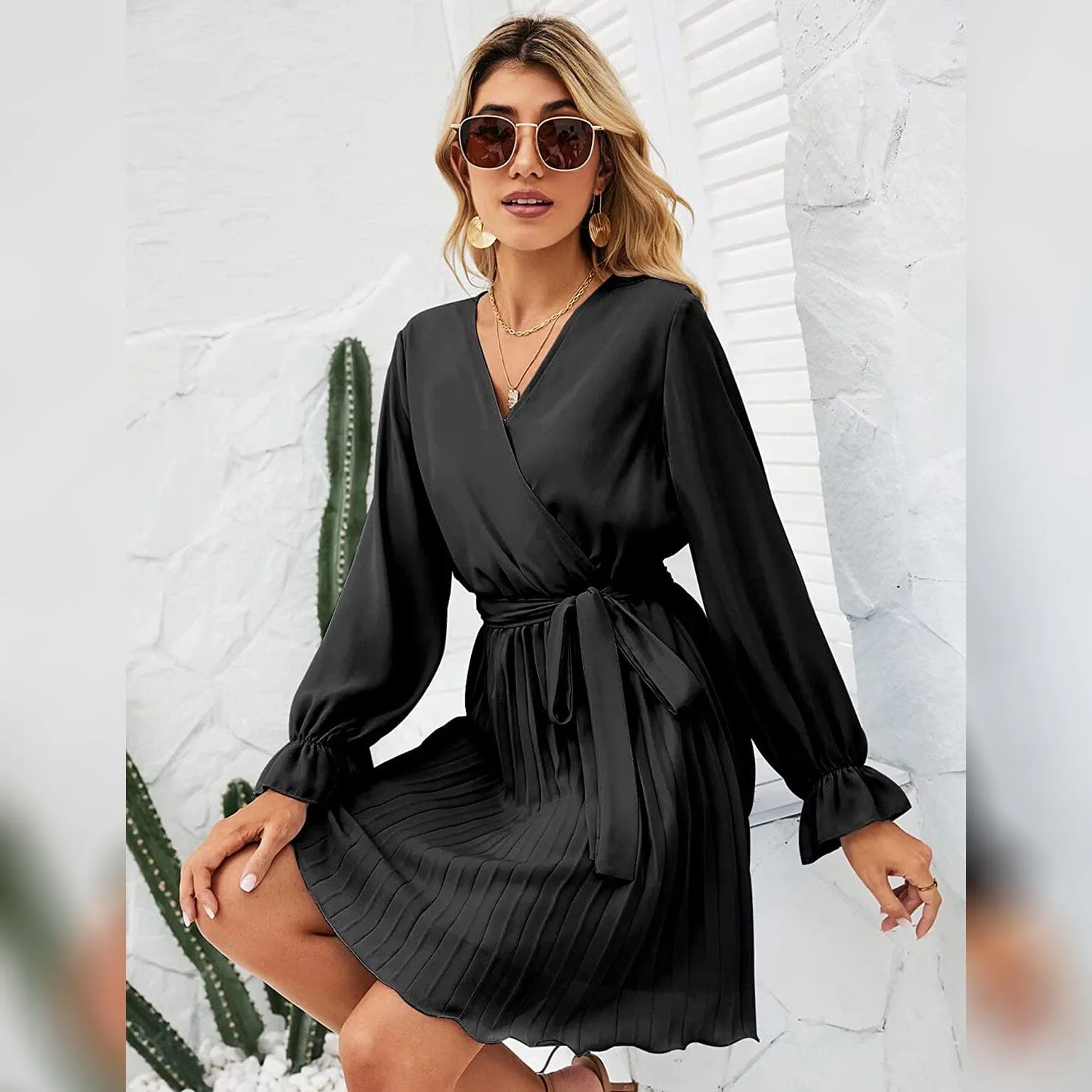 Womens Wrap V Neck Pleated Long Sleeve Mini Dresses