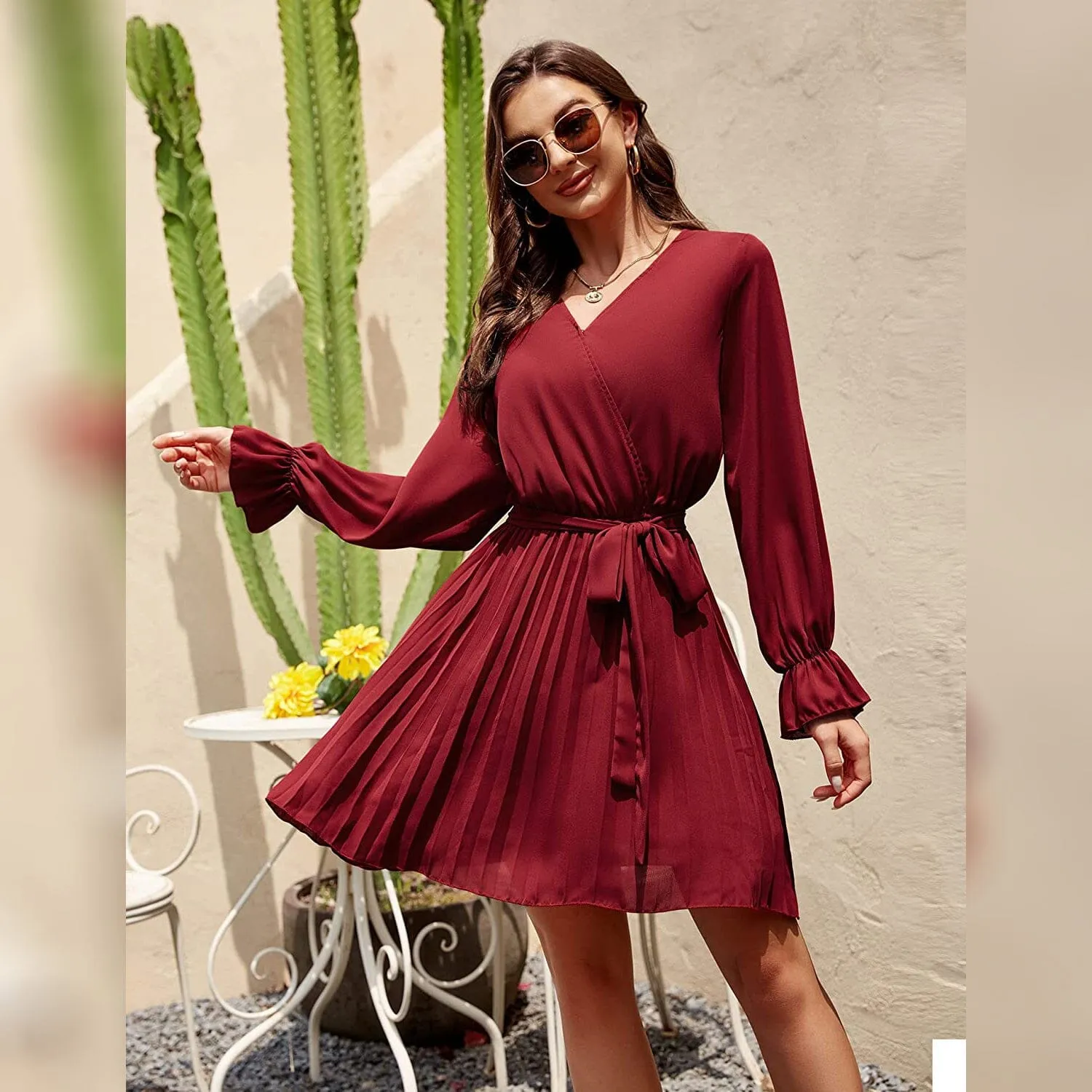 Womens Wrap V Neck Pleated Long Sleeve Mini Dresses