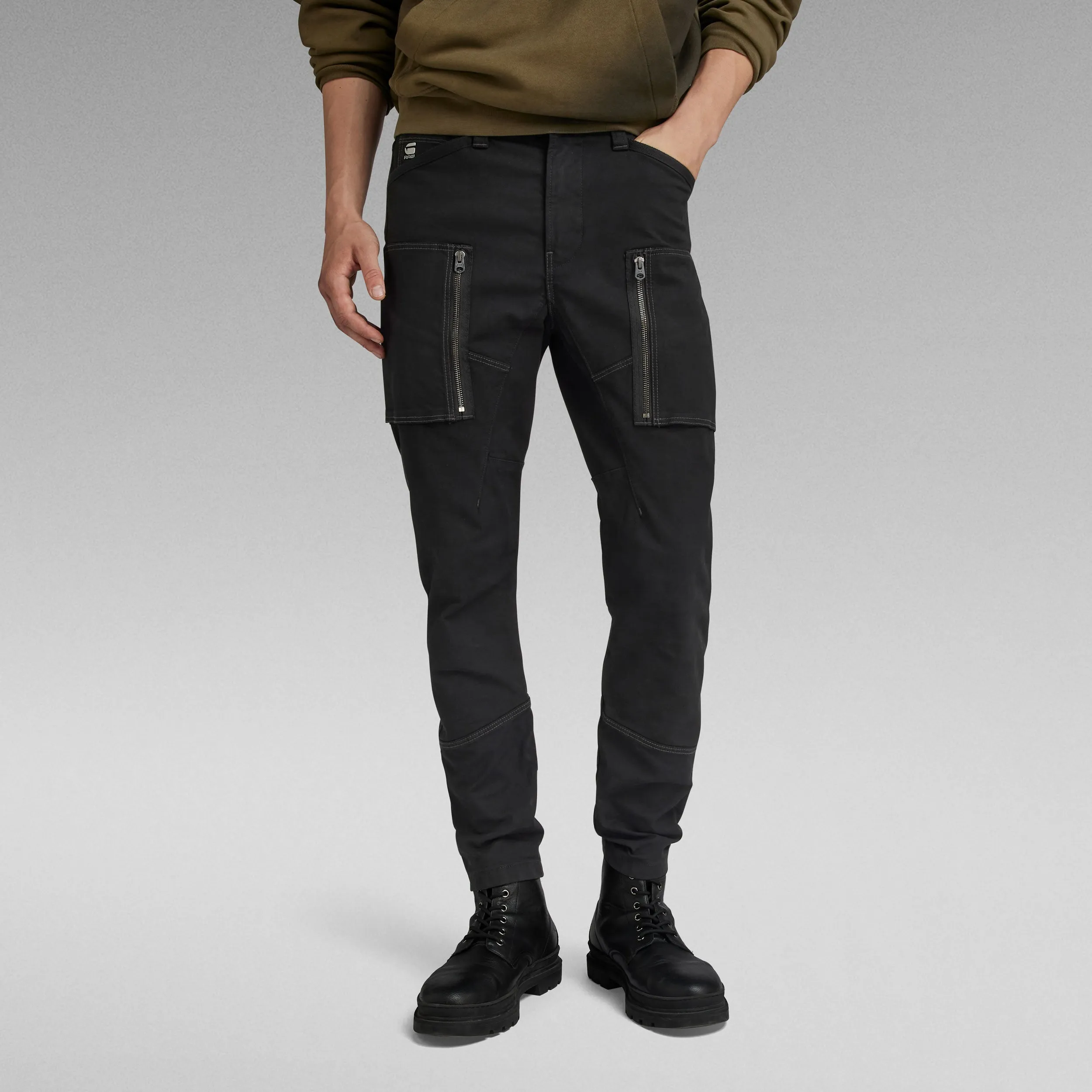 Zip Pocket 3D Skinny Cargo Pants - Dark Black